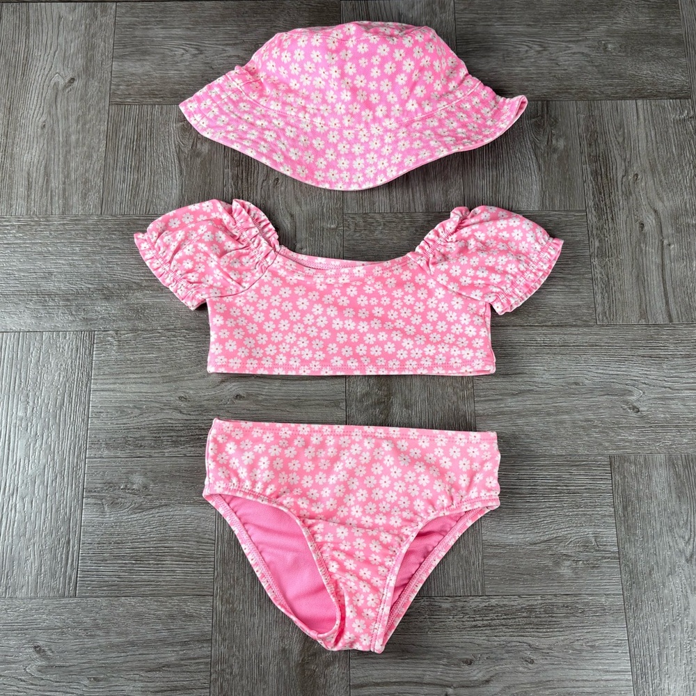 BABY GAP Toddler Neon Pink Puff Sleeve Daisy’s Swim Two-Piece & Matching Sun Hat